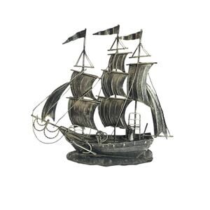 Decorative Metal Sailing Ship Sculpture Silver And Black